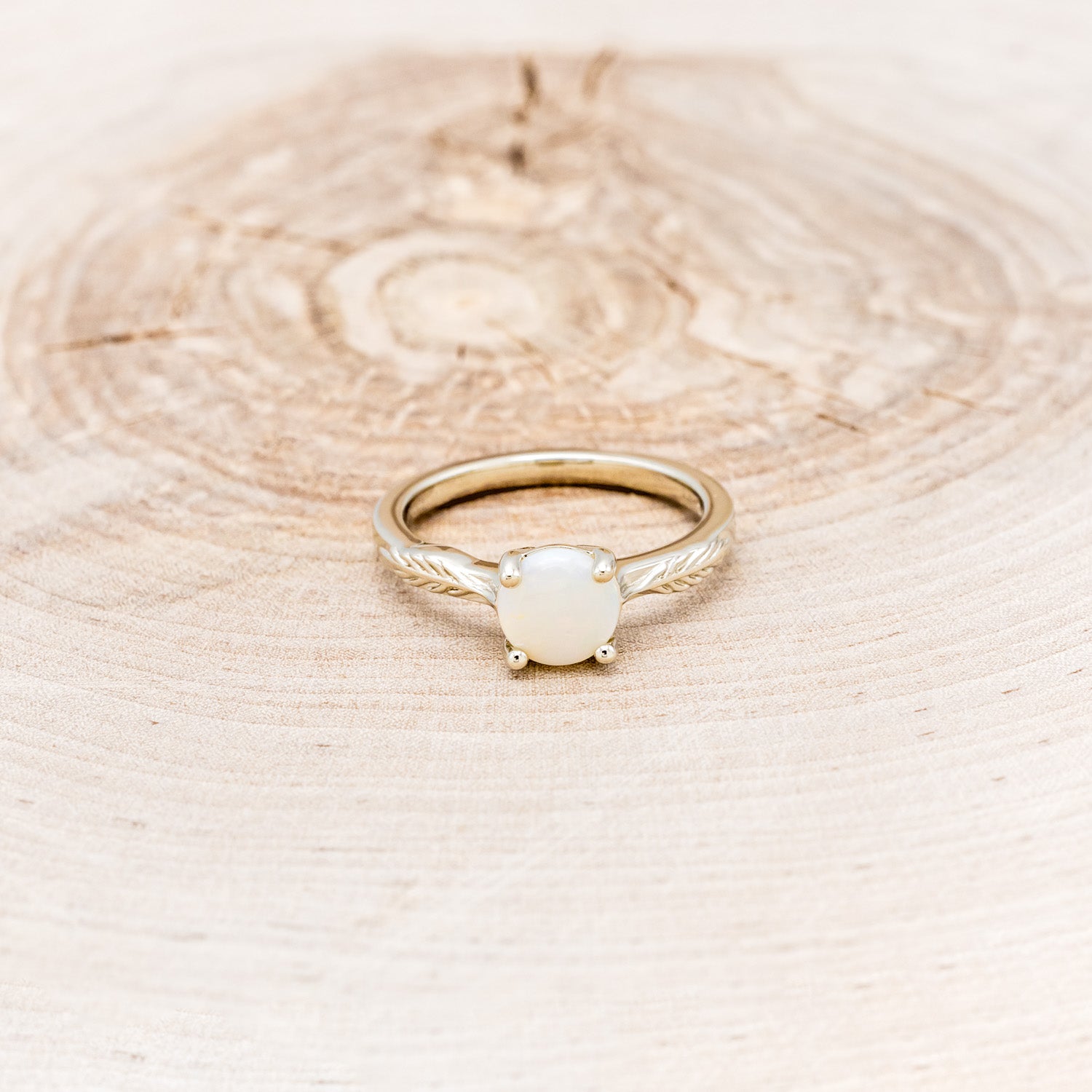 "HOPE" - ROUND CUT OPAL SOLITAIRE ENGAGEMENT RING WITH FEATHER ACCENTS-10