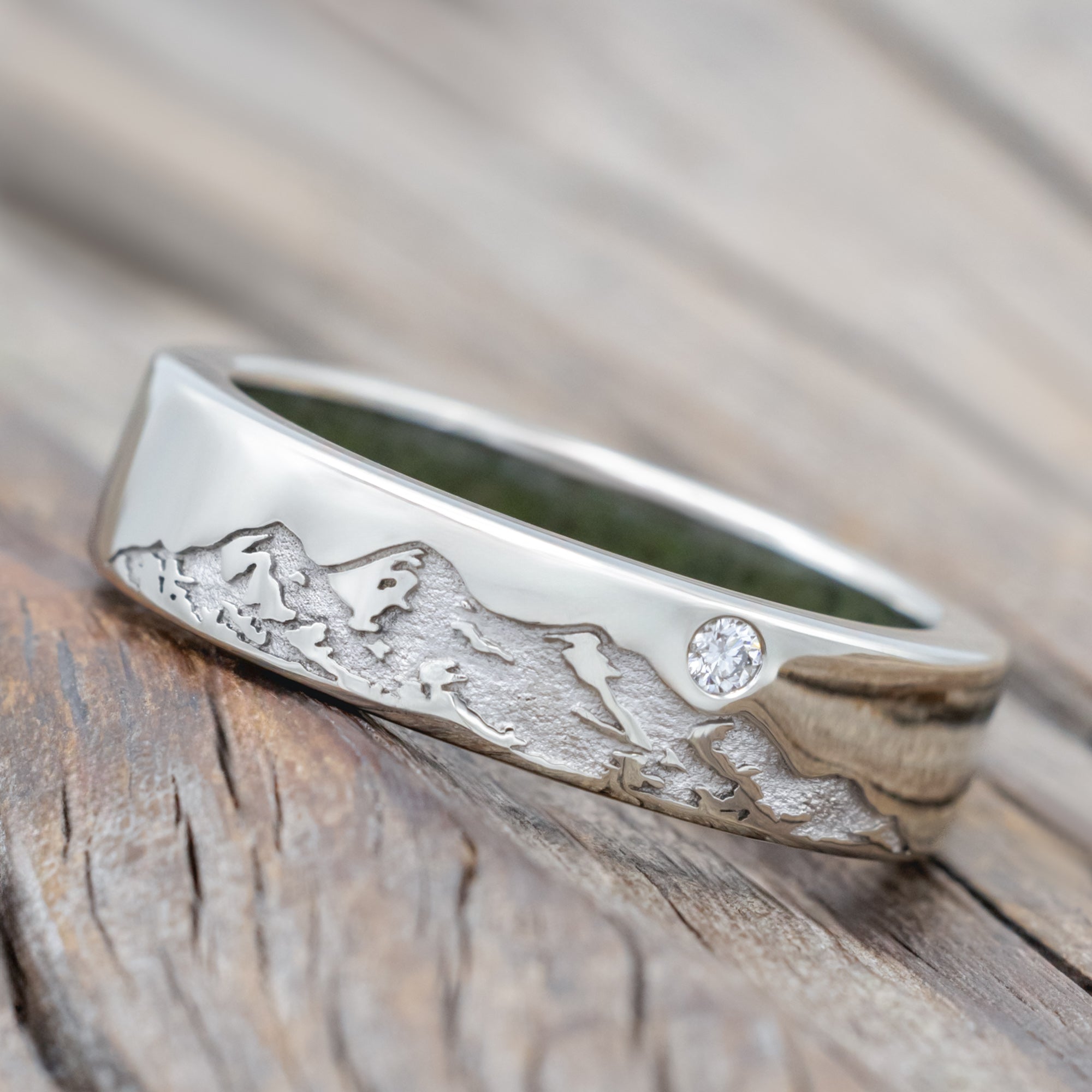 "Horizon" - Mountain Engraved Wedding Band With Custom Lining & Diamond Accent-Staghead Designs