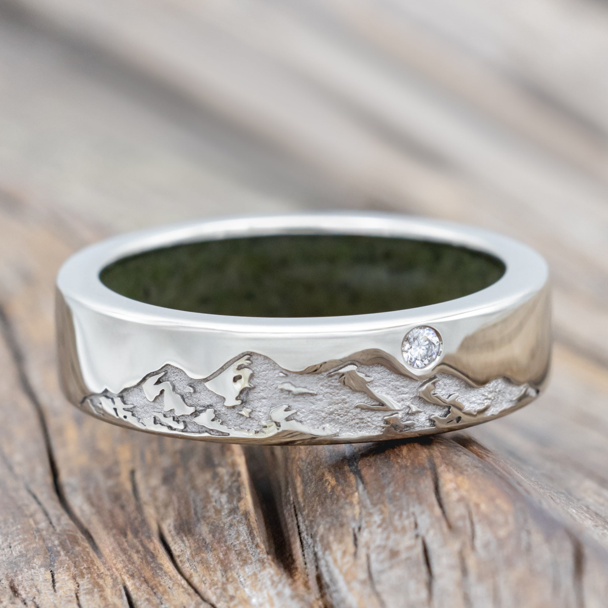 "Horizon" - Mountain Engraved Wedding Band With Custom Lining & Diamond Accent-Staghead Designs