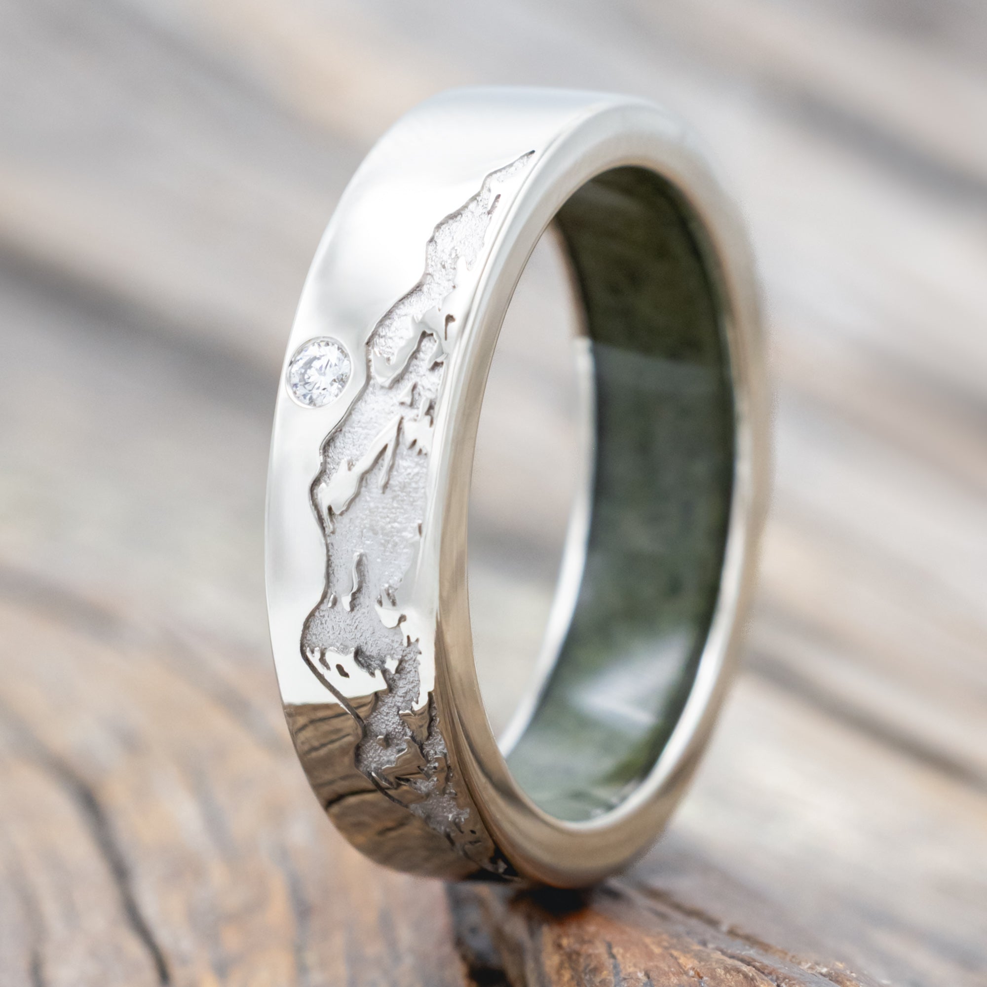 "Horizon" - Mountain Engraved Wedding Band With Custom Lining & Diamond Accent-Staghead Designs