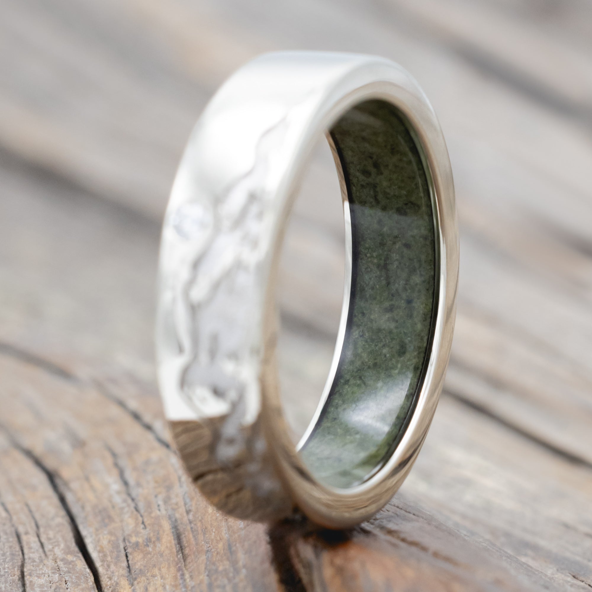 "Horizon" - Mountain Engraved Wedding Band With Custom Lining & Diamond Accent-Staghead Designs