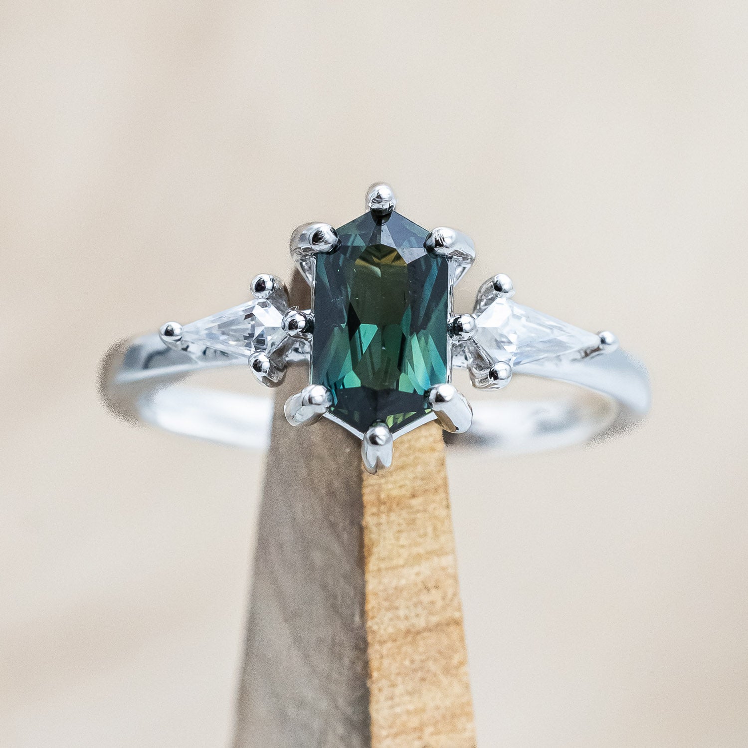 "Isla" - elongated hexagon cut Australian sapphire with moissanite accents in 14K white gold