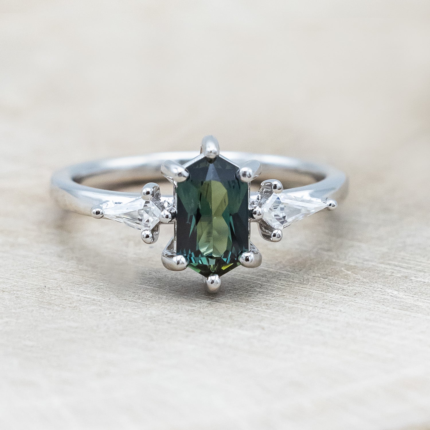 "Isla" - elongated hexagon cut Australian sapphire with moissanite accents in 14K white gold