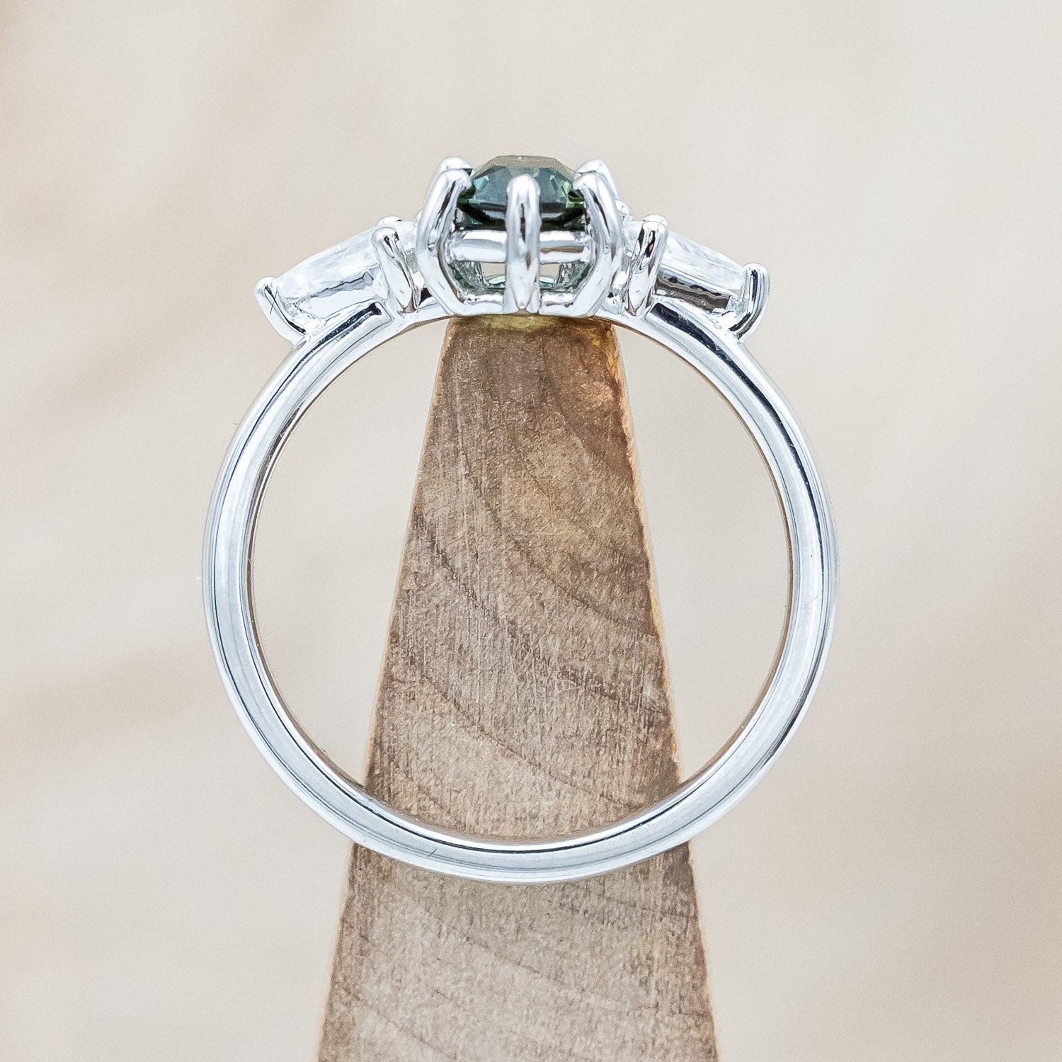 Front view of"Isla" - elongated hexagon cut Australian sapphire with moissanite accents in 14K white gold