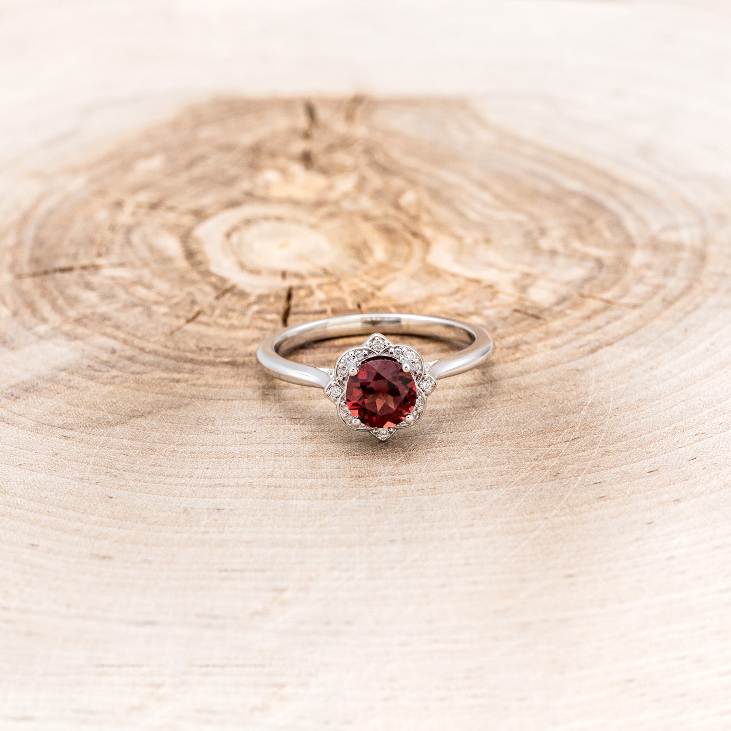 "JANE" - ROUND CUT MOZAMBIQUE GARNET ENGAGEMENT RING WITH DIAMOND ACCENTS-4