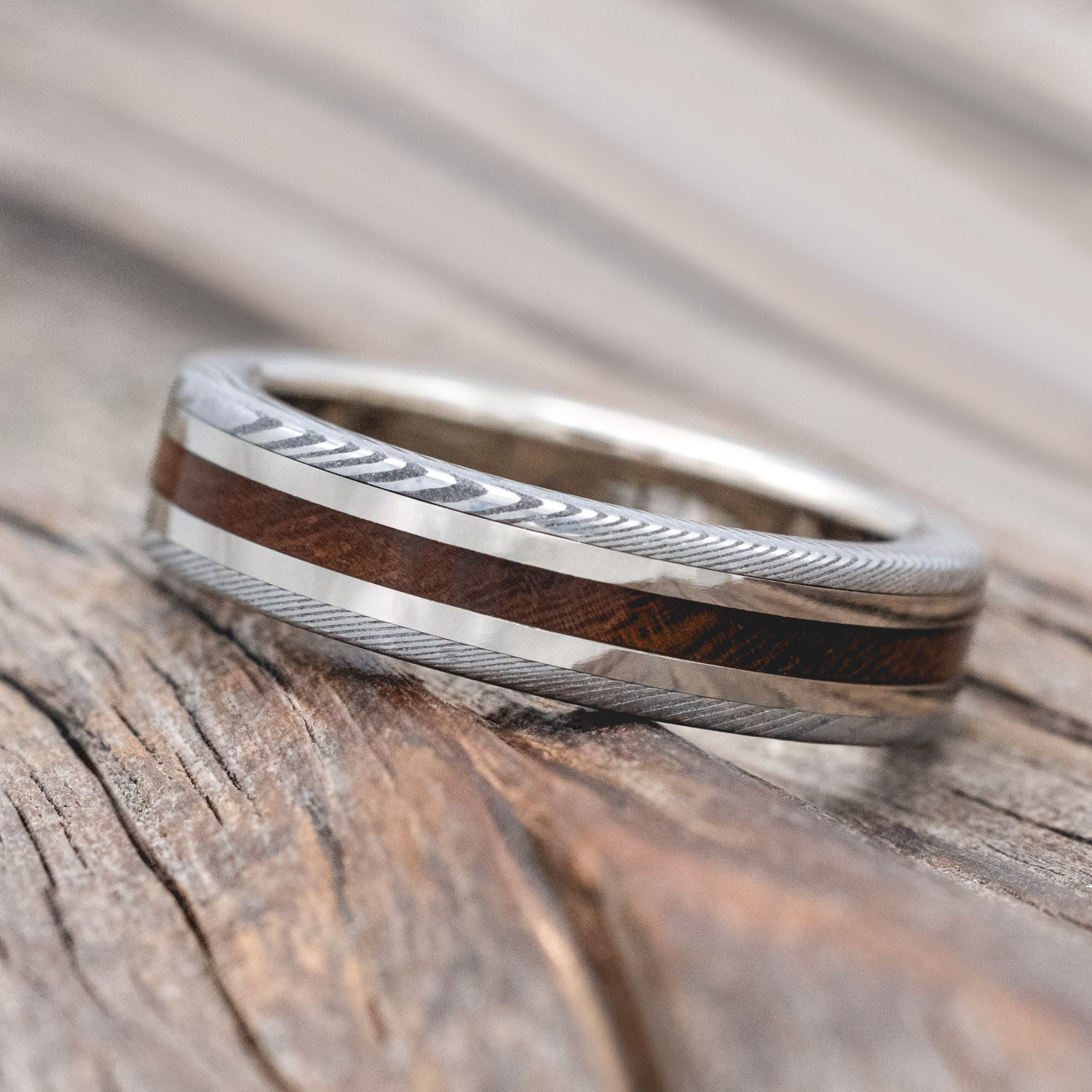 "KALDER" - IRONWOOD & 14K GOLD INLAYS WEDDING RING FEATURING A DAMASCUS STEEL OVERLAY-Staghead Designs