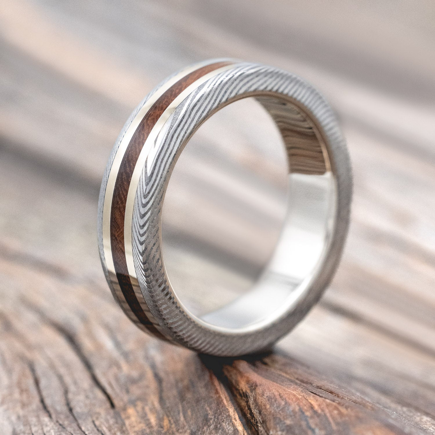"KALDER" - IRONWOOD & 14K GOLD INLAYS WEDDING RING FEATURING A DAMASCUS STEEL OVERLAY-Staghead Designs