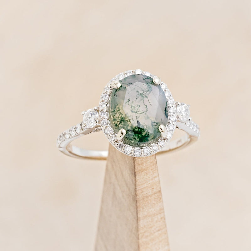 "KB" - OVAL MOSS AGATE ENGAGEMENT RING WITH DIAMOND HALO & ACCENTS