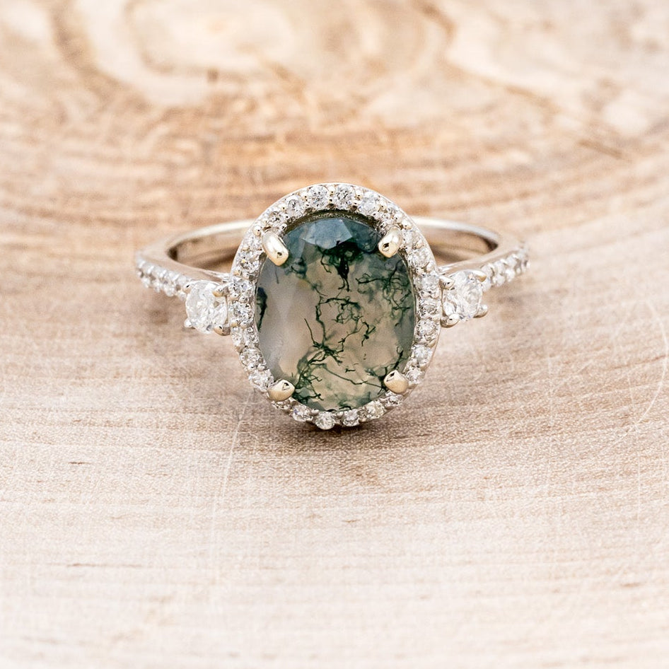 "KB" - OVAL MOSS AGATE ENGAGEMENT RING WITH DIAMOND HALO & ACCENTS-4