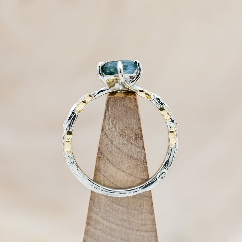 "PARISA " - TWO TONE KITE CUT MOSS AGATE ENGAGEMENT RING WITH LEAF ACCENTS-Staghead Designs