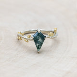 "PARISA " - TWO TONE KITE CUT MOSS AGATE ENGAGEMENT RING WITH LEAF ACCENTS-Staghead Designs