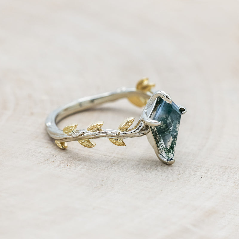 "PARISA " - TWO TONE KITE CUT MOSS AGATE ENGAGEMENT RING WITH LEAF ACCENTS-Staghead Designs