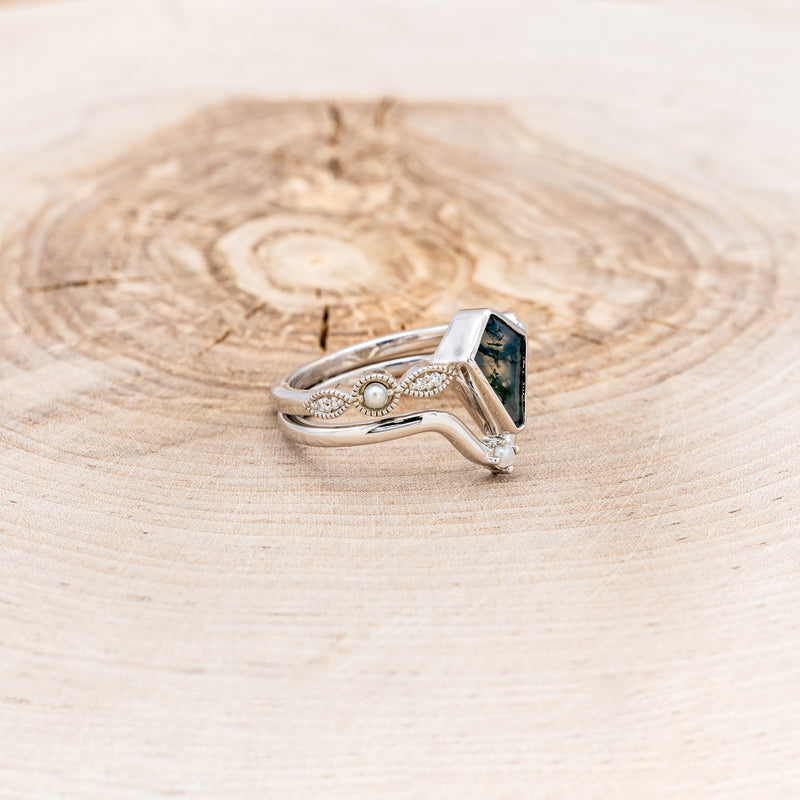 "BIANCA" - BRIDAL SUITE - KITE CUT MOSS AGATE ENGAGEMENT RING WITH PEARLS & DIAMOND ACCENTS-14