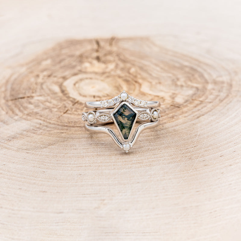 "BIANCA" - BRIDAL SUITE - KITE CUT MOSS AGATE ENGAGEMENT RING WITH PEARLS & DIAMOND ACCENTS-4