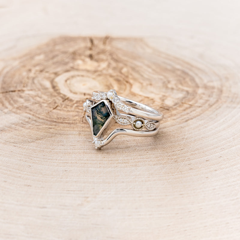 "BIANCA" - BRIDAL SUITE - KITE CUT MOSS AGATE ENGAGEMENT RING WITH PEARLS & DIAMOND ACCENTS-3