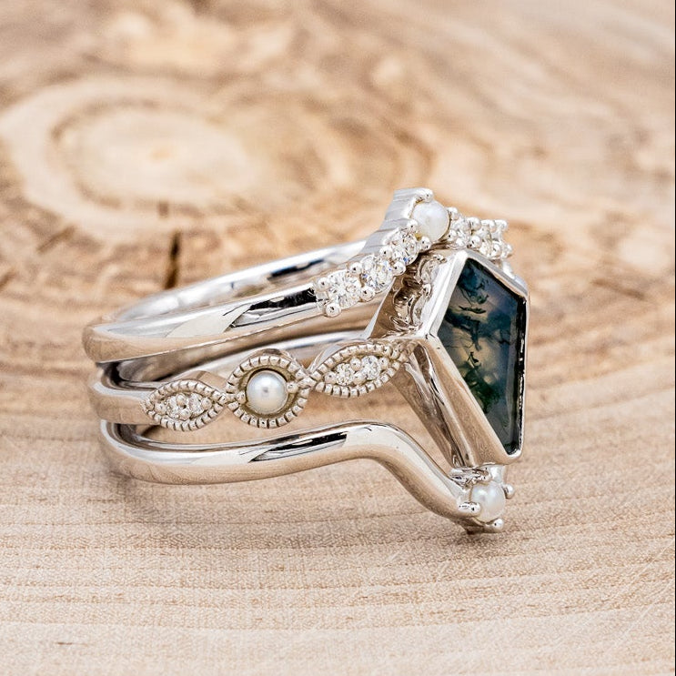 "BIANCA" - BRIDAL SUITE - KITE CUT MOSS AGATE ENGAGEMENT RING WITH PEARLS & DIAMOND ACCENTS-2