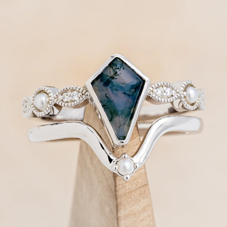 "BIANCA" - BRIDAL SUITE - KITE CUT MOSS AGATE ENGAGEMENT RING WITH PEARLS & DIAMOND ACCENTS-13
