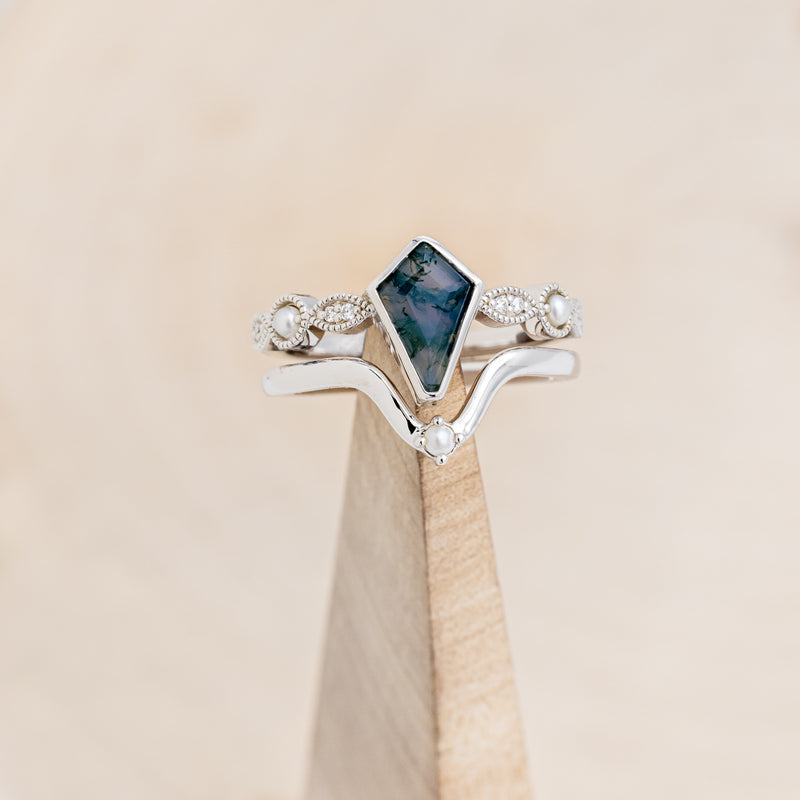 "BIANCA" - BRIDAL SUITE - KITE CUT MOSS AGATE ENGAGEMENT RING WITH PEARLS & DIAMOND ACCENTS-13