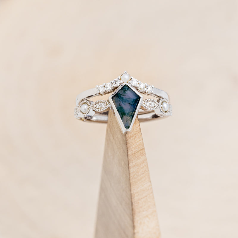 "BIANCA" - BRIDAL SUITE - KITE CUT MOSS AGATE ENGAGEMENT RING WITH PEARLS & DIAMOND ACCENTS-7