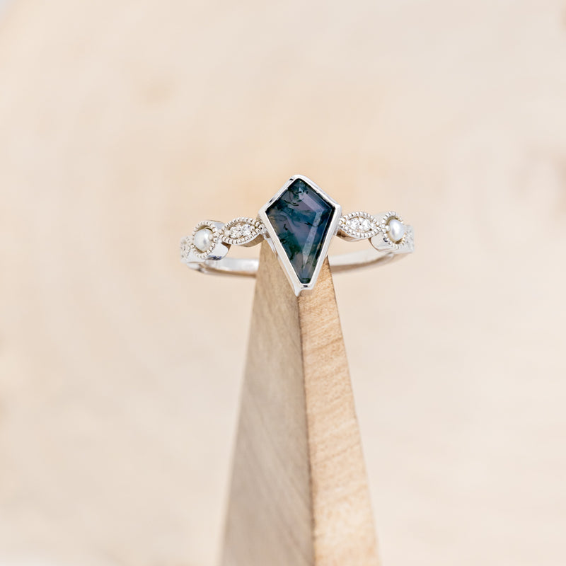 "BIANCA" - BRIDAL SUITE - KITE CUT MOSS AGATE ENGAGEMENT RING WITH PEARLS & DIAMOND ACCENTS-19