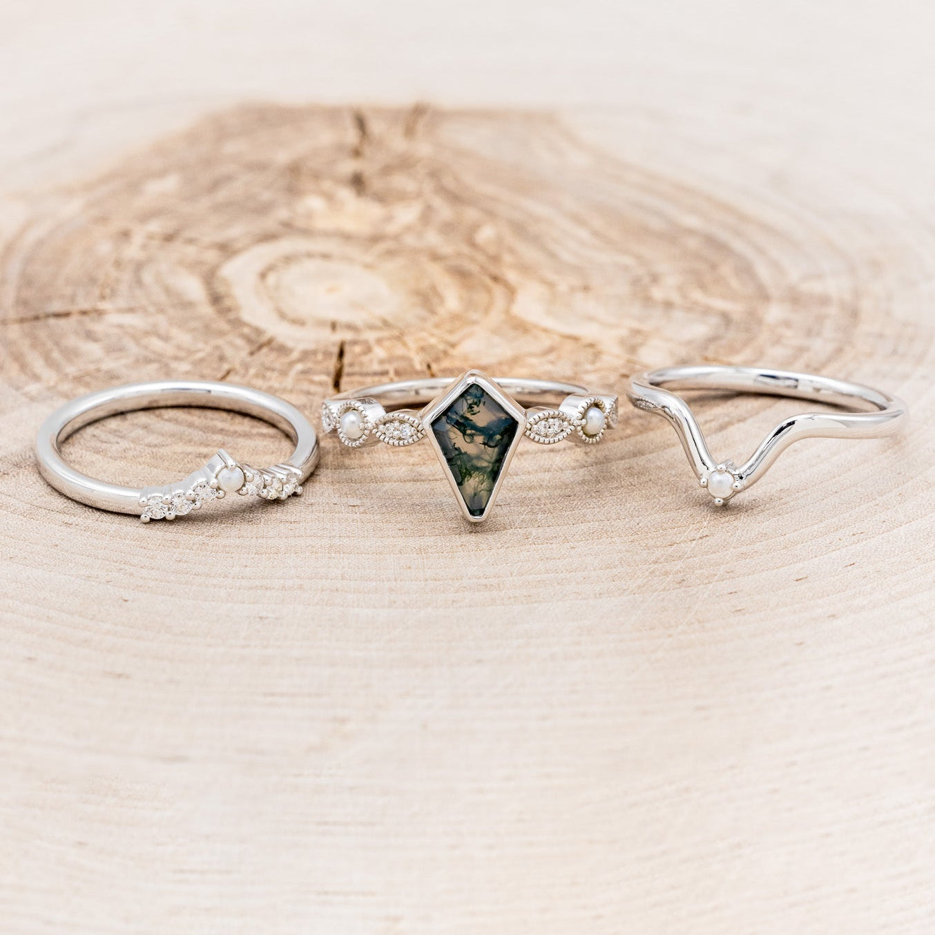 "BIANCA" - BRIDAL SUITE - KITE CUT MOSS AGATE ENGAGEMENT RING WITH PEARLS & DIAMOND ACCENTS-6