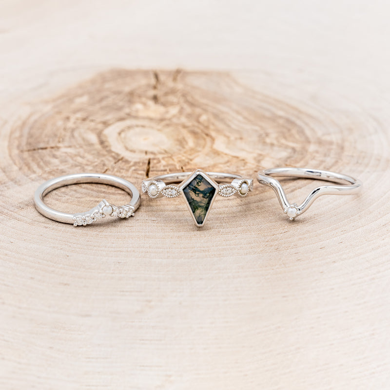 "BIANCA" - BRIDAL SUITE - KITE CUT MOSS AGATE ENGAGEMENT RING WITH PEARLS & DIAMOND ACCENTS-6