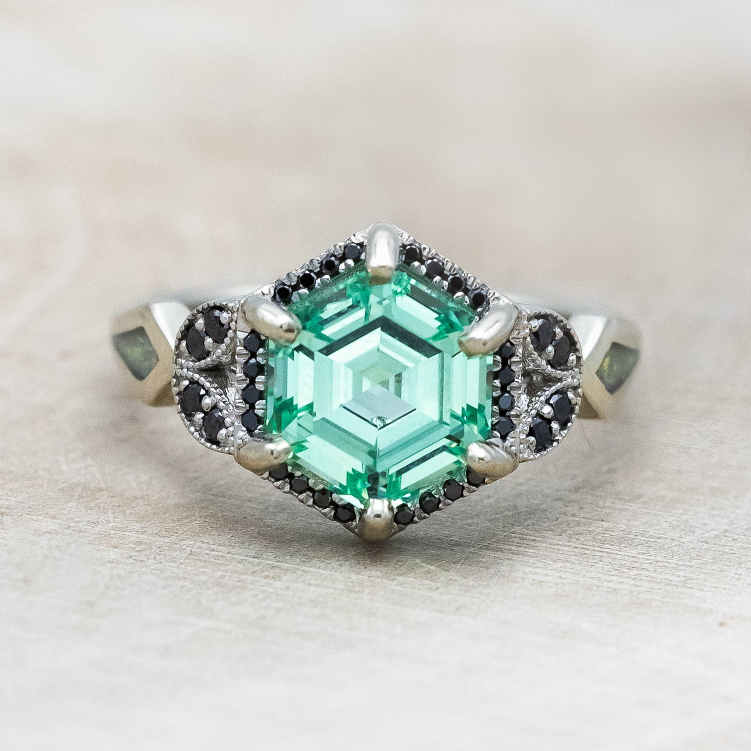 "LUCY IN THE SKY" - HEXAGON CUT LAB-GROWN SAPPHIRE ENGAGEMENT RING WITH BLACK DIAMONDS AND FIRE & ICE OPAL INLAYS-Staghead Designs