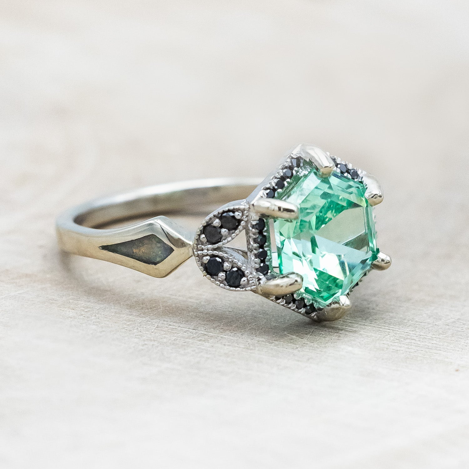 "LUCY IN THE SKY" - HEXAGON CUT LAB-GROWN SAPPHIRE ENGAGEMENT RING WITH BLACK DIAMONDS AND FIRE & ICE OPAL INLAYS-Staghead Designs