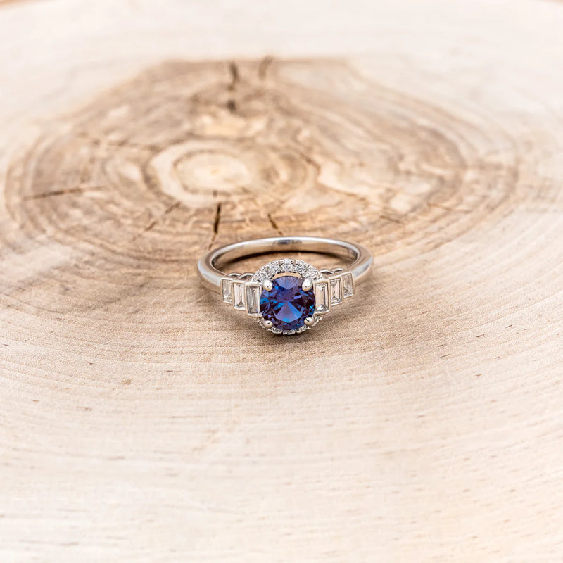 "RONA" - ROUND CUT LAB-GROWN ALEXANDRITE ENGAGEMENT RING WITH LAB-GROWN DIAMOND HALO & ACCENTS - 14K WHITE GOLD - SIZE 7-Staghead Designs