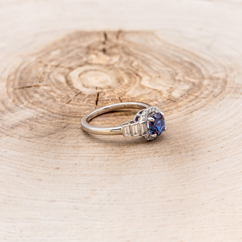 "RONA" - ROUND CUT LAB-GROWN ALEXANDRITE ENGAGEMENT RING WITH LAB-GROWN DIAMOND HALO & ACCENTS