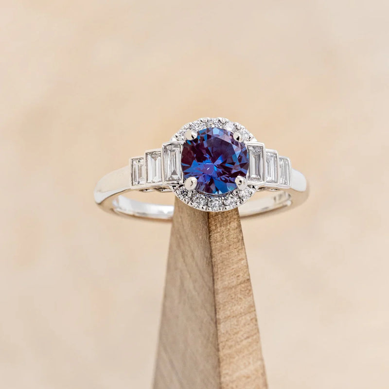 "RONA" - ROUND CUT LAB-GROWN ALEXANDRITE ENGAGEMENT RING WITH LAB-GROWN DIAMOND HALO & ACCENTS - 14K WHITE GOLD - SIZE 7-Staghead Designs