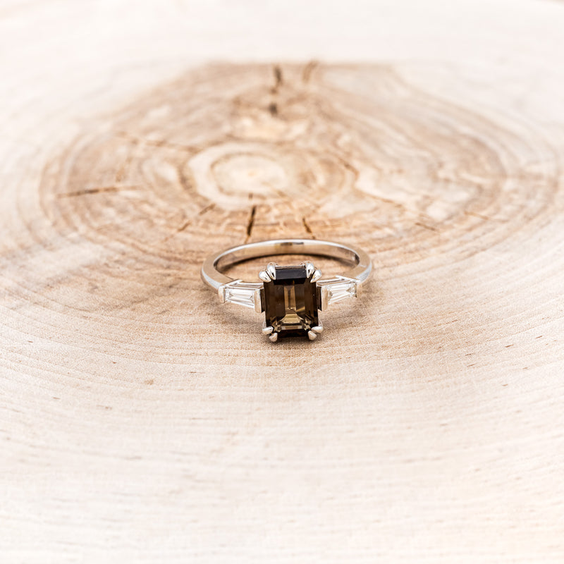 "ALBINA" - EMERALD CUT SMOKY QUARTZ DOUBLE CLAW PRONG ENGAGEMENT RING WITH LAB-GROWN DIAMOND ACCENTS-4