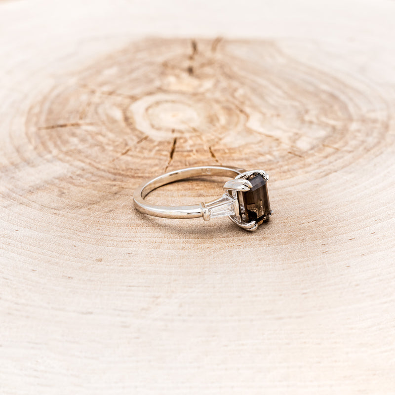 "ALBINA" - EMERALD CUT SMOKY QUARTZ DOUBLE CLAW PRONG ENGAGEMENT RING WITH LAB-GROWN DIAMOND ACCENTS-2