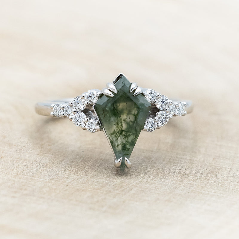 "LANIE" - KITE CUT MOSS AGATE ENGAGEMENT RING WITH DIAMOND ACCENTS