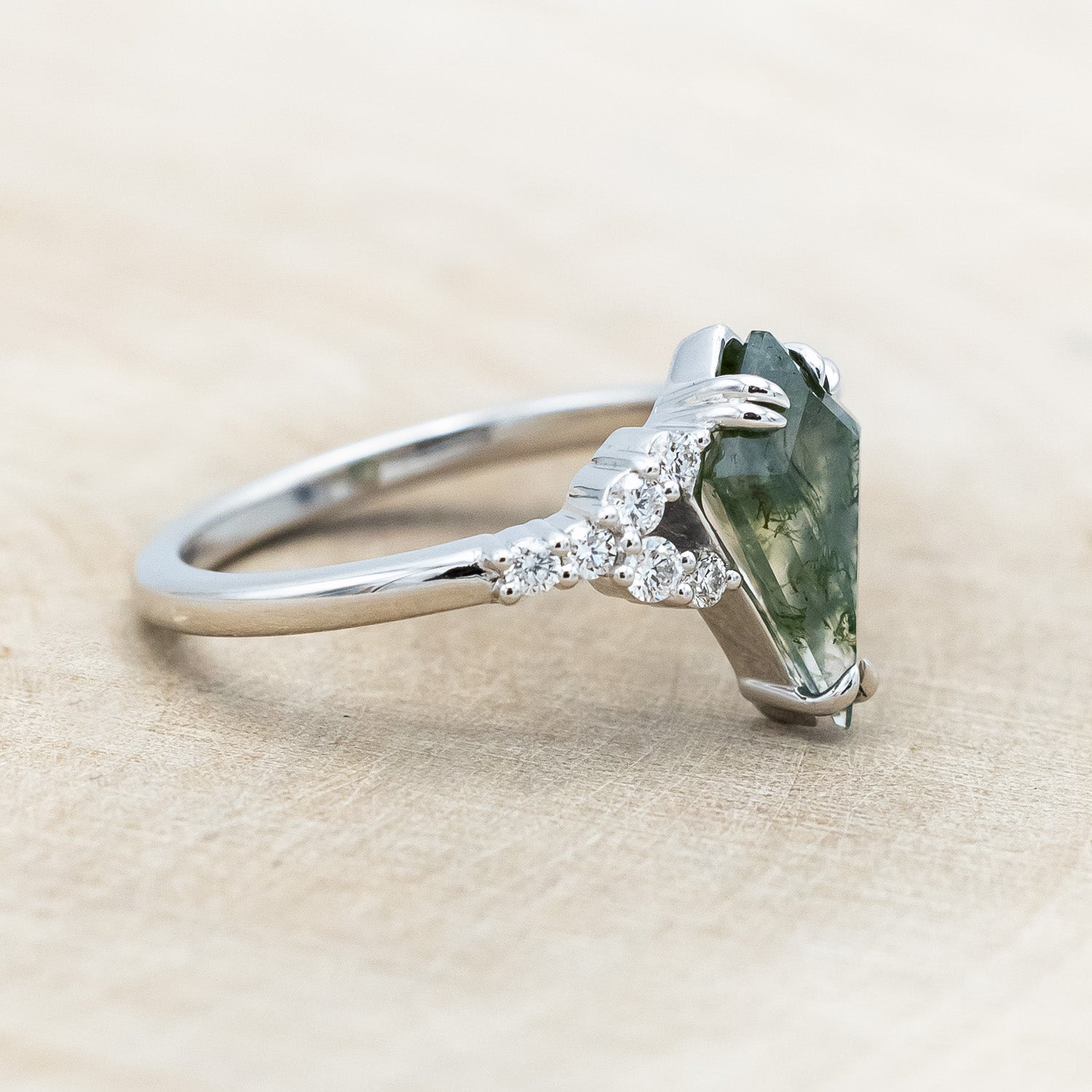 "LANIE" - KITE CUT MOSS AGATE ENGAGEMENT RING WITH DIAMOND ACCENTS-Staghead Designs