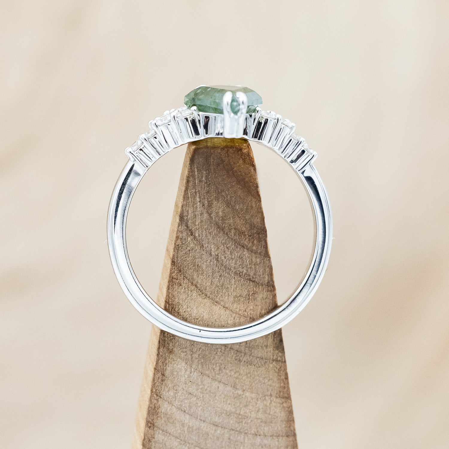 "LANIE" - KITE CUT MOSS AGATE ENGAGEMENT RING WITH DIAMOND ACCENTS-Staghead Designs