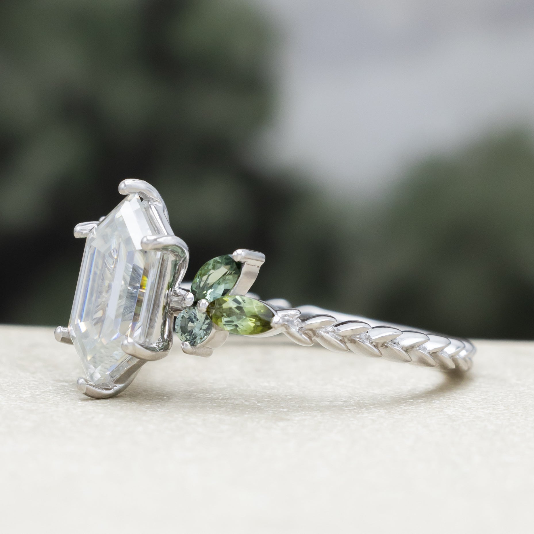 "Laurel" - Women's Wedding Ring Set With An Elongated Hexagon Moissanite Engagement Ring With Tourmaline And Montana Sapphire Accents-Staghead Designs
