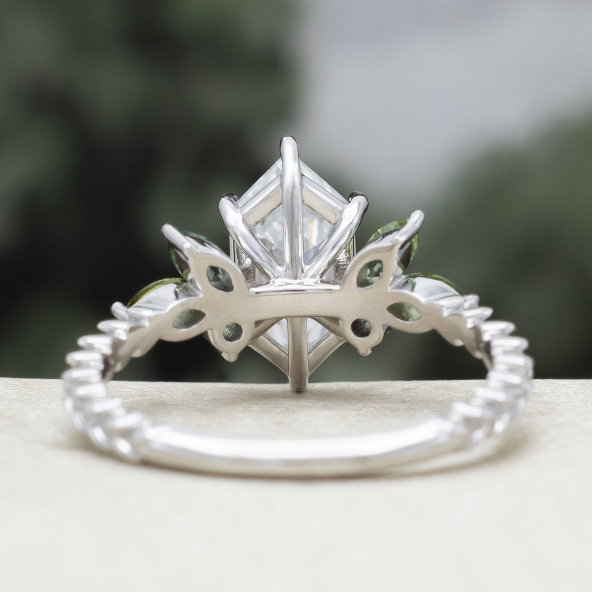 "Laurel" - Women's Wedding Ring Set With An Elongated Hexagon Moissanite Engagement Ring With Tourmaline And Montana Sapphire Accents-Staghead Designs