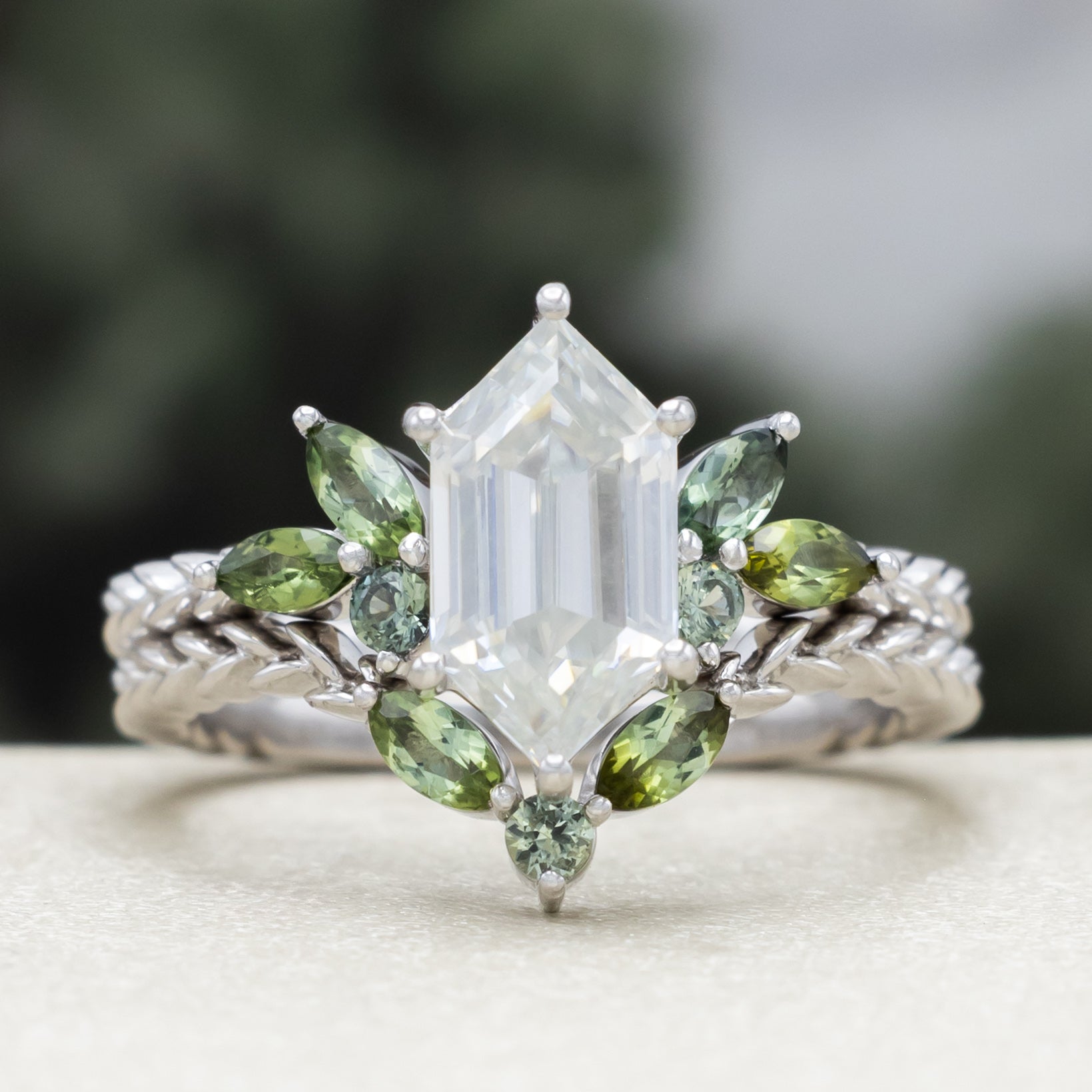 "Laurel" - Vine-Inspired Engagement Ring Featuring Teal Tourmaline & Montana Sapphire Accents With A Tracer - Select Your Own Stone-Staghead Designs