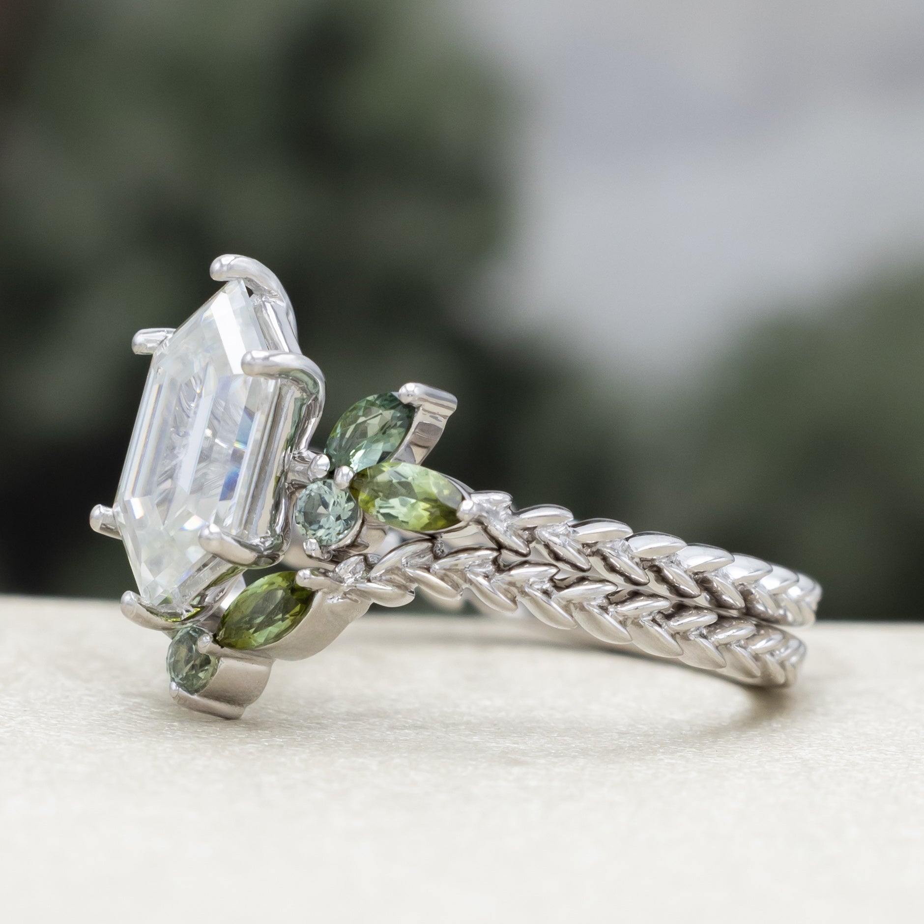 "Laurel" - Vine-Inspired Engagement Ring Featuring Teal Tourmaline & Montana Sapphire Accents With A Tracer - Select Your Own Stone-Staghead Designs