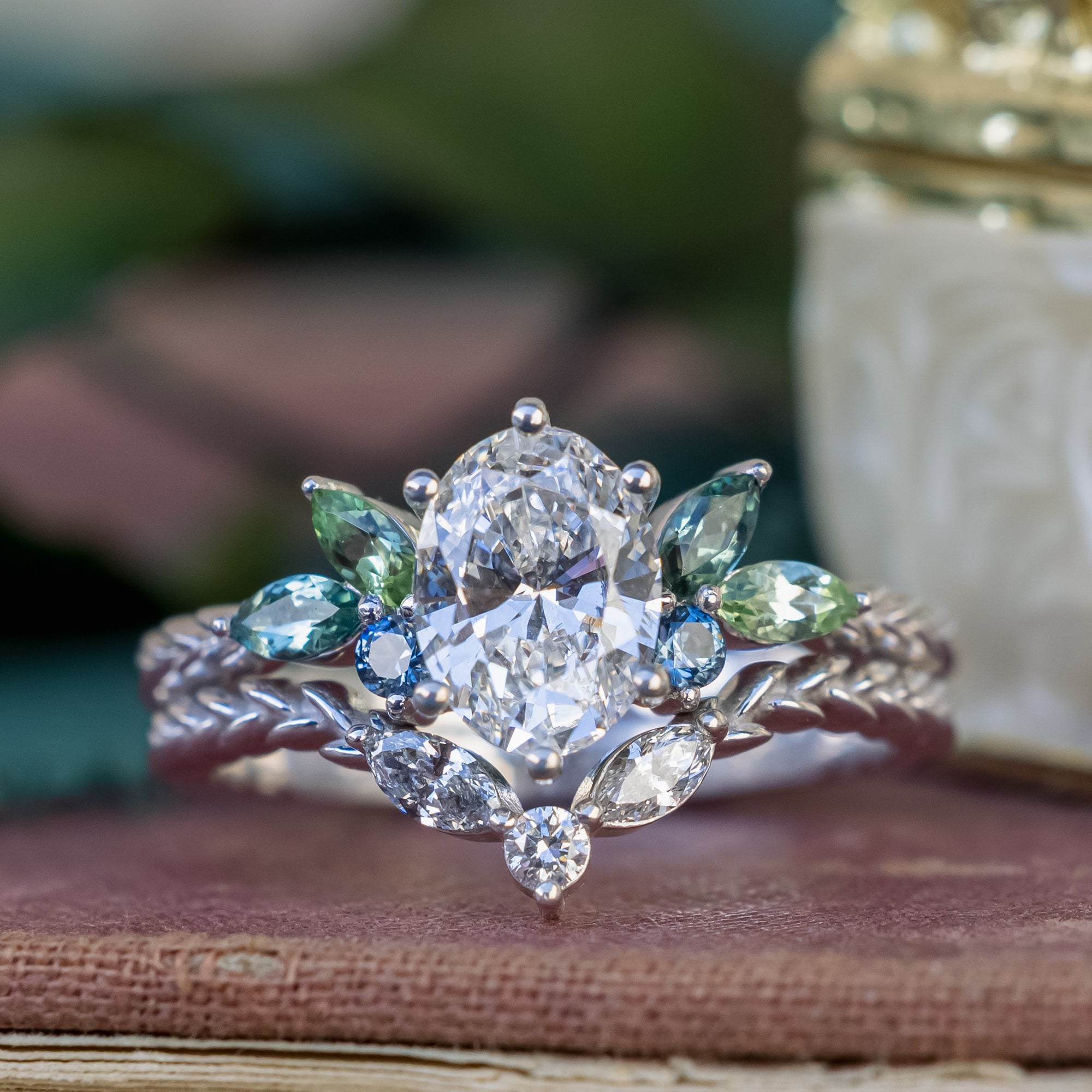 "Laurel" - Vine-Inspired Engagement Ring Featuring Teal Tourmaline & Montana Sapphire Accents With A Tracer - Mounting Only - Select Your Own Stone-Staghead Designs