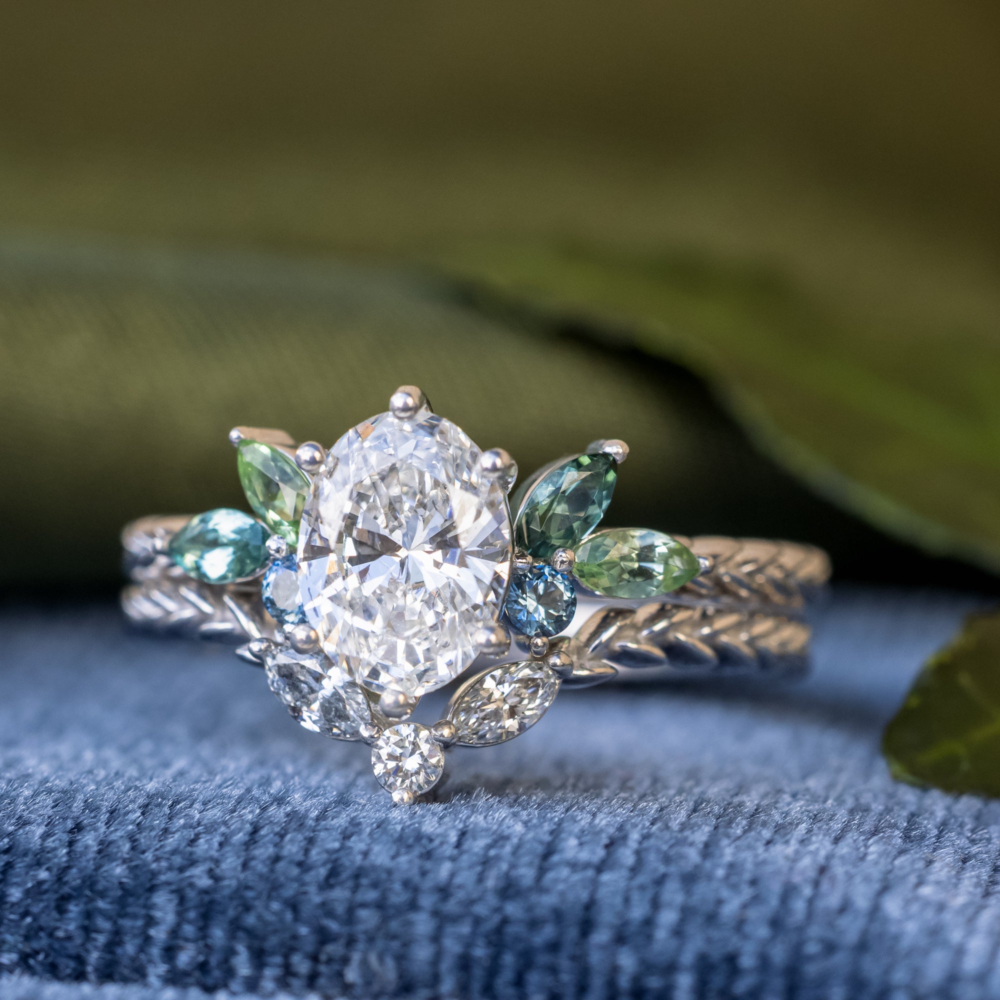 "Laurel" - Vine-Inspired Engagement Ring Featuring Teal Tourmaline & Montana Sapphire Accents With A Tracer - Mounting Only - Select Your Own Stone-Staghead Designs