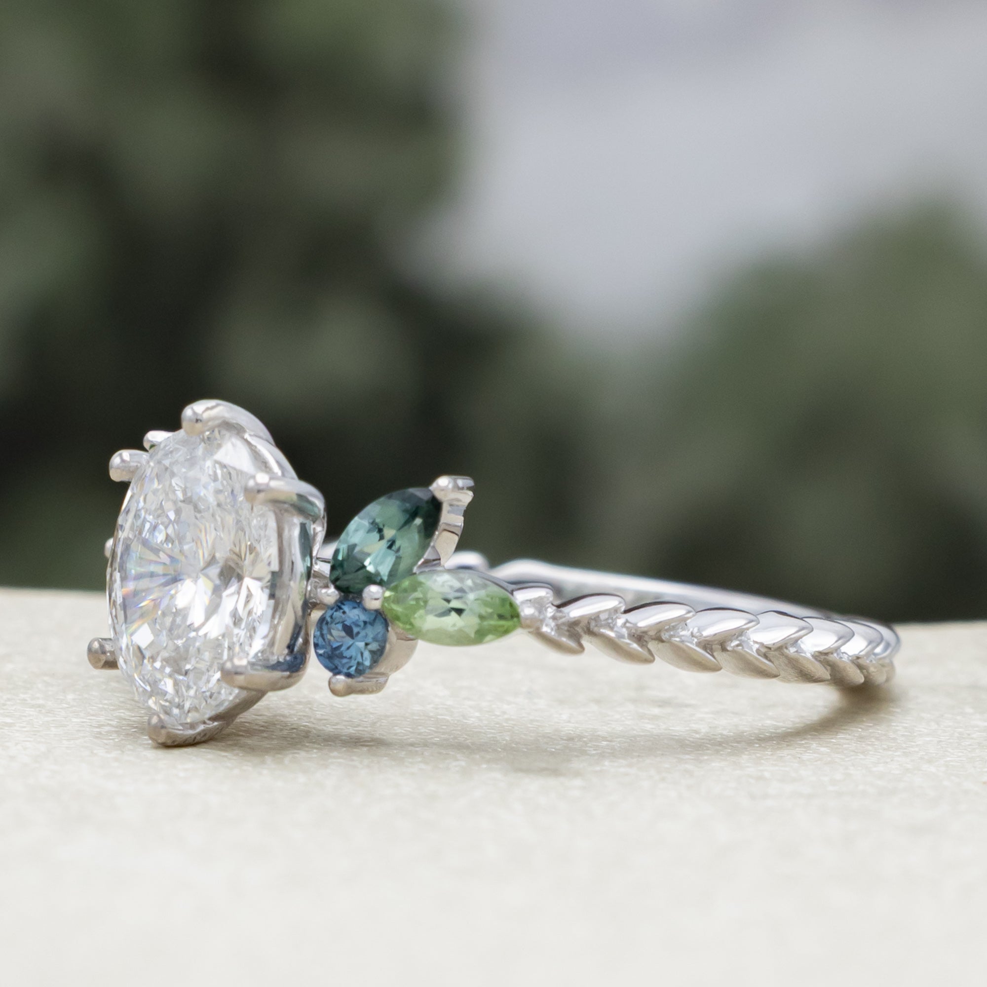 "Laurel" - Vine-Inspired Engagement Ring Featuring Teal Tourmaline & Montana Sapphire Accents With A Tracer - Mounting Only - Select Your Own Stone-Staghead Designs