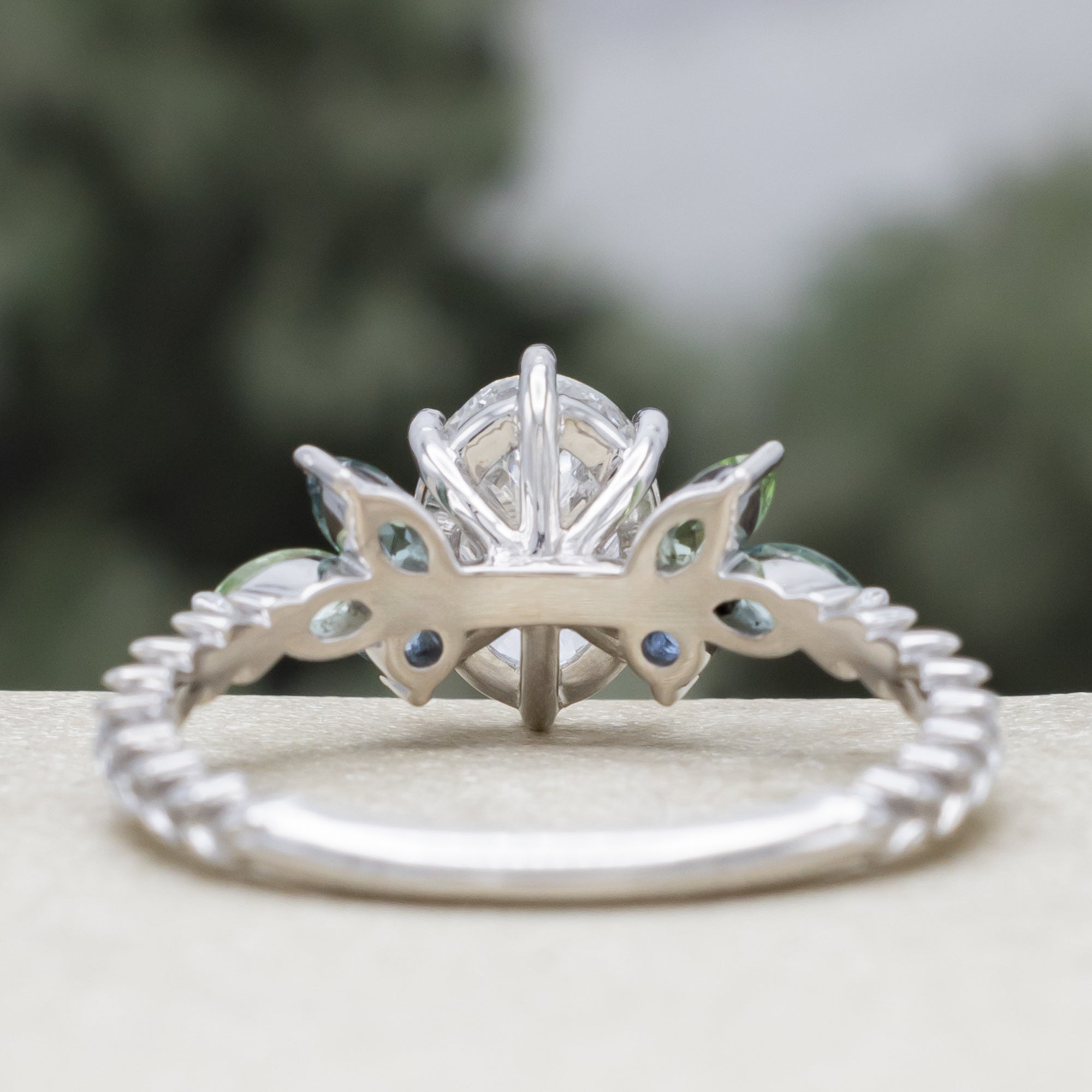 "Laurel" - Vine-Inspired Engagement Ring Featuring Teal Tourmaline & Montana Sapphire Accents With A Tracer - Mounting Only - Select Your Own Stone-Staghead Designs