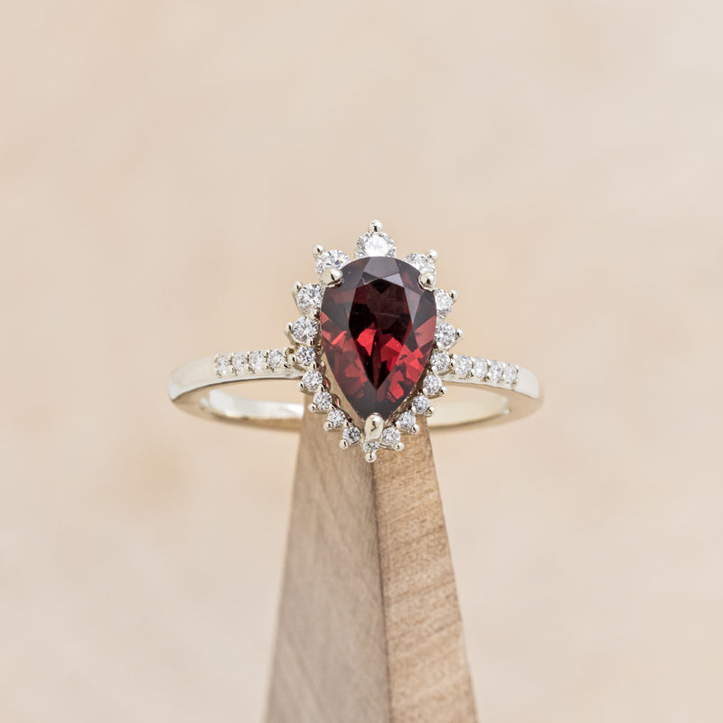 "LAVERNA LUX" - PEAR- SHAPED GARNET ENGAGEMENT RING WITH DIAMOND HALO & ACCENTS-7