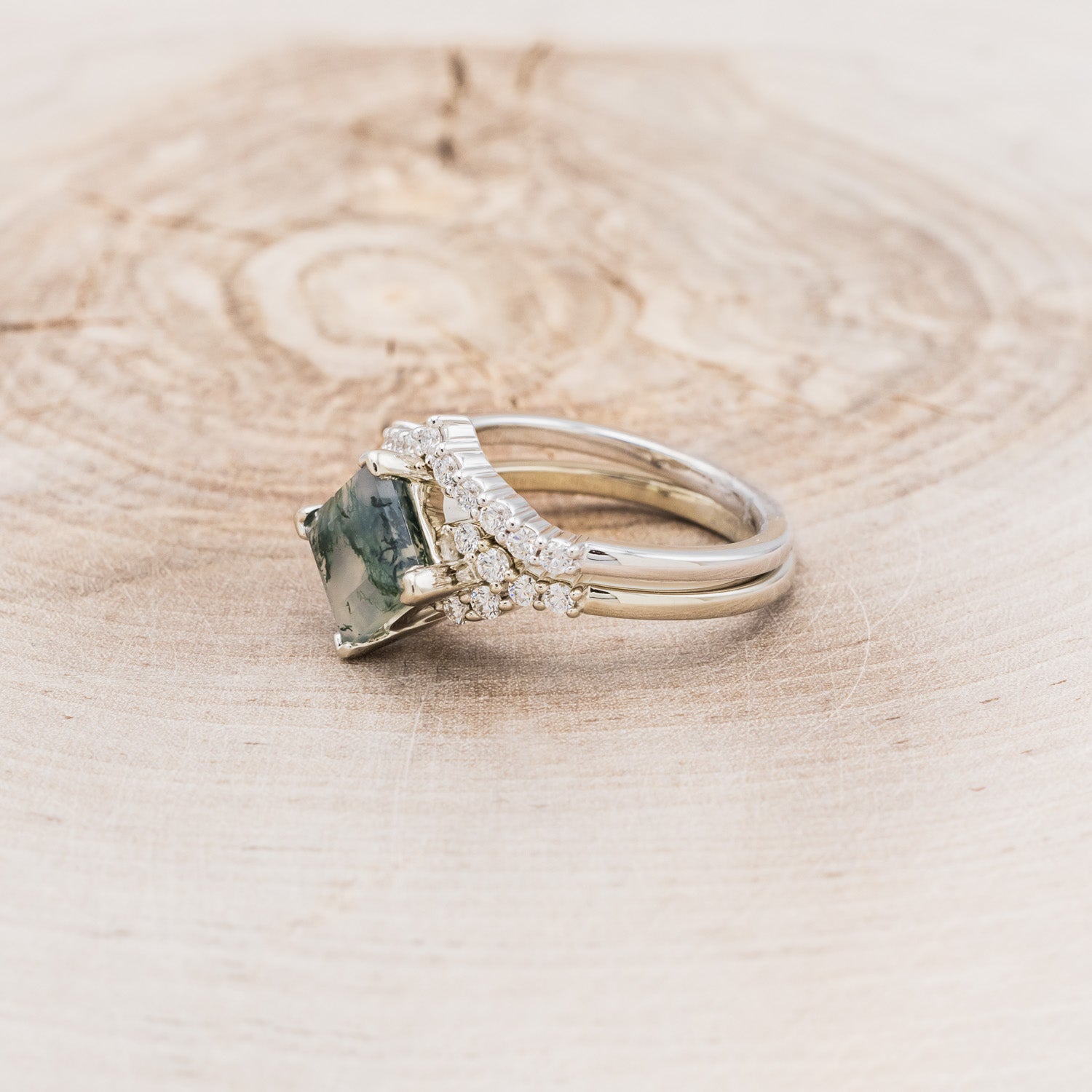"LAYLA" - PRINCESS CUT MOSS AGATE ENGAGEMENT RING WITH DIAMOND ACCENTS & TRACER-3