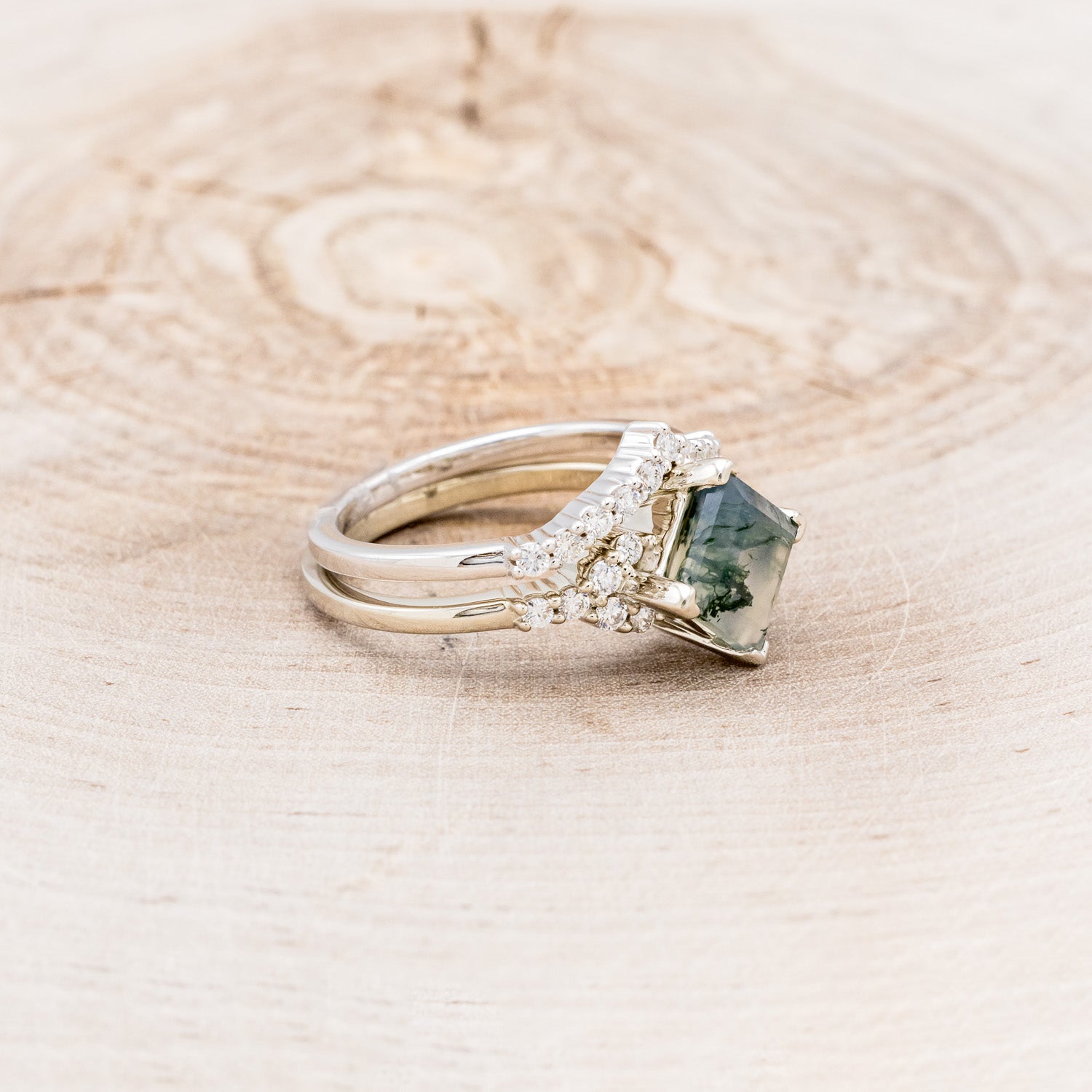 "LAYLA" - PRINCESS CUT MOSS AGATE ENGAGEMENT RING WITH DIAMOND ACCENTS & TRACER-2
