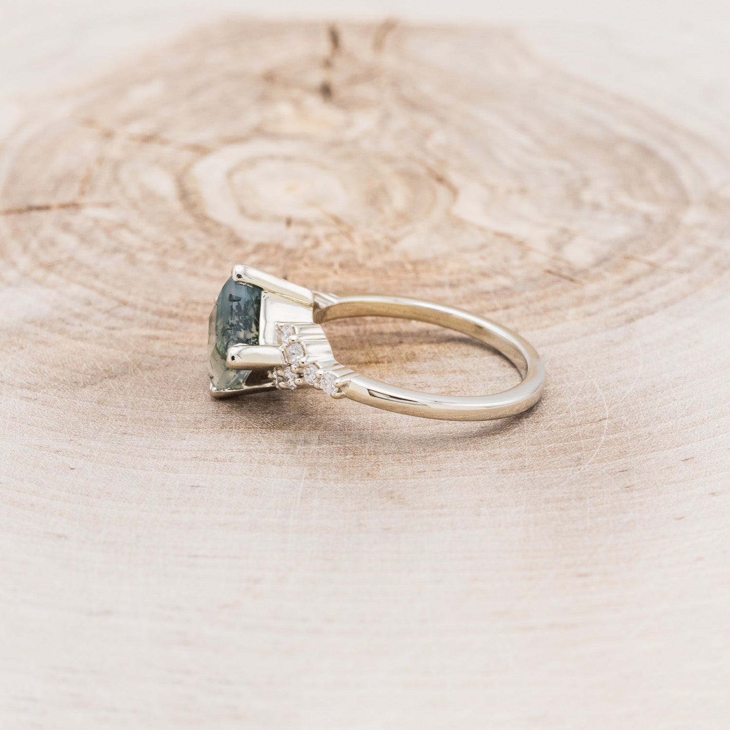 "LAYLA" - PRINCESS CUT MOSS AGATE ENGAGEMENT RING WITH DIAMOND ACCENTS & TRACER-9
