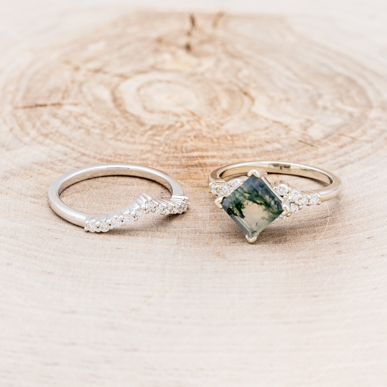 "LAYLA" - PRINCESS CUT MOSS AGATE ENGAGEMENT RING WITH DIAMOND ACCENTS & TRACER-6