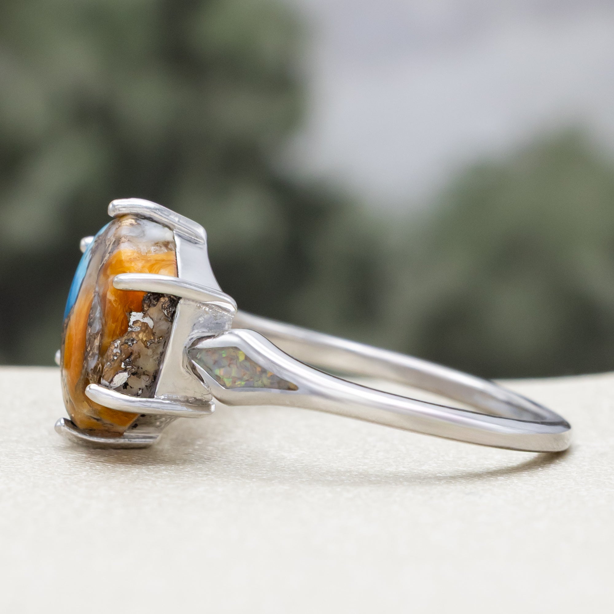 "LOVE STORY" - HEXAGON CABOCHON CUT SPINY OYSTER TURQUOISE ENGAGEMENT RING WITH FIRE & ICE OPAL INLAYS